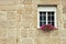 Window with flower pot in brick wall. Sandstone building exterior. Architecture and outdoor design concept.