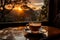 Window framed sunrise, coffee\\\'s steam swirls, long table shadow Morning\\\'s essence captured