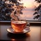 Window framed sunrise, coffee\\\'s steam swirls, long table shadow Morning\\\'s essence captured