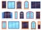 Window frames. Exterior view various wooden and detailed plastic windows, casement frames on house wall architecture