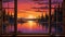 a window framing a spectacular sunset, with warm hues painting the sky