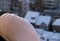 Window of home covered with big snow layer in winter, view from inside, close up. Detail of snowdrift, snow texture.