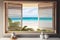 window with louver shades and view of beach, providing cool breeze