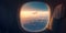 The window on the plane during the flight. Outside the window is an airplane on a golden dawn background. AI generated