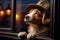Window scene, dog wears hat, capturing a moment of charming observation