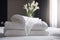 window spa flower modern bedchamber bath bed towel comfortable welcome. Generative AI.