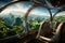 Window view green landscape of net zero emissions flight of future. Luxury air travel. Sustainable aviation fuel concept. Eco-