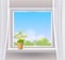Window view in interior, spring, flower pot with flowers daisy and dandelions on windowsill, curtains. Vector