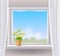 Window view in interior, view on landscape, spring, flower pot with flowers daisy and dandelions on windowsill, curtains