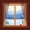 Window view of the morning and evening blue mountains, snow, spruce and river in winter, at dawn, sunset in cozy home.