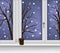 Window with views falling snow and tree. Coffee, latte, capuchino on the windowsill. Vector winter illustration for background