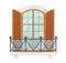 Window with Wooden Shutters and Balcony with Forged Balusters. Classic Construction Architecture Exterior Decoration