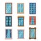 Windows frames flat. Colorful various window frame wooden and plastic with sills front view, exterior architectural