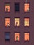 Windows with neighbors. Residential exterior window, neighborhood people talking building group fun indoors apartments