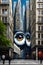 The windows of a towering skycrapers morph into giant eyes, that blink and follow people walk down the street, optical illusion