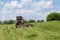 Windrows of freshly mown hay with a tractor mowing machine