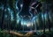 Winds turbines in the forest at night. Alternative energy source. 3D rendering, generative ai