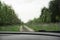 The windshield of the car in raindrops on the background of a dirt road between forest belts with an abundance of greenery