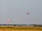 A windsock and a plane taking off