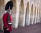 WINDSOR, ENGLAND - AUGUST 26, 2019: Changing Guard takes place in Windsor Castle. British Guards in red uniforms are among the