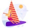 Windsurfer girls on windsurfing board with sail. Cartoon vector Illustration in flat style. Summertime template with sun