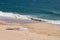 Windsurfing board lying on sandy beach on sunny day in summer with ocean waves