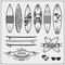 Windsurfing emblem and label.Set of different surfboards. Vector illustration. Surfing emblems, icons and labels.