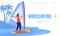 Windsurfing landing page video play internet banner promo vector flat woman extreme water sport