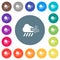 Windy and downpour weather flat white icons on round color backgrounds