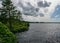 Windy landscape with a swamp lake, the lake water ripples and trees move in strong winds