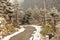 Windy snowy foggy slippery muddy flat step himalayan mountain road in winter. Leh Manali Highway, Jammu and Kashmir, India, Asia