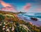 Windy spring scene of Sardinia, Italy, Europe. Attractive morning view of Capo San Marco Lighthouse on Del Sinis peninsula. Specta