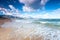 Windy waves of Tyrrhenian sea. Alcamo marina, Sicily, Italy