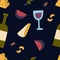 Wine and appetizers seamless pattern on dark background.