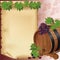 Wine background with grape, barrel and paper