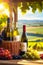 Wine on the background of vineyards rural sunset countryside field