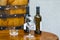 Wine bar tasting set up tray decoration bottles in restaurant