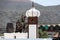 Wine barrels on background vines and mountains , Lanzarote