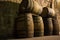 Wine barrels in cellar. Wine storage place