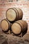 Wine barrels stacked in the cellar. Wine barrels in wine-vaults in order