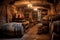 wine barrels stacked in a rustic cellar