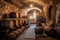 wine barrels stacked in a rustic cellar