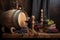 wine barrels with vintage corkscrew and wine glass
