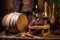 wine barrels with vintage corkscrew and wine glass