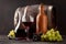 Wine bottle, decanter, glass and old wooden barrel