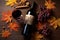 Wine bottle and fresh grape on table in Autumn. Healthy. Autumn seasonal concept.