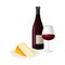 Wine Bottle with Full Glass for Degustation and Slab of Cheese Vector Illustration