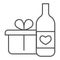 Wine Bottle And Gift Pack thin line icon. Bottle with heart symbol and present with ribbon outline style pictogram on