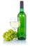 Wine bottle glass alcohol beverage green grapes isolated on whit