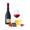 Wine Bottle and Glass with Alcoholic Drink with Cheese and Grapes Rested Nearby Vector Illustration